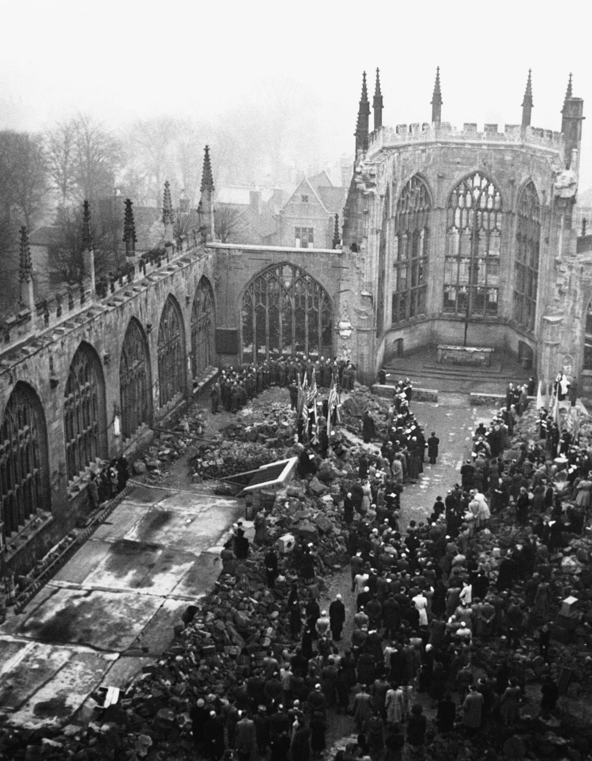 Many notable personalities, including Dr. Edvard Benes, president of Czechoslovakia, unseen, attended a Lidice Commemoration Service in Coventry Cathedral in Coventry, England on March 12, 1944. (AP Photo)